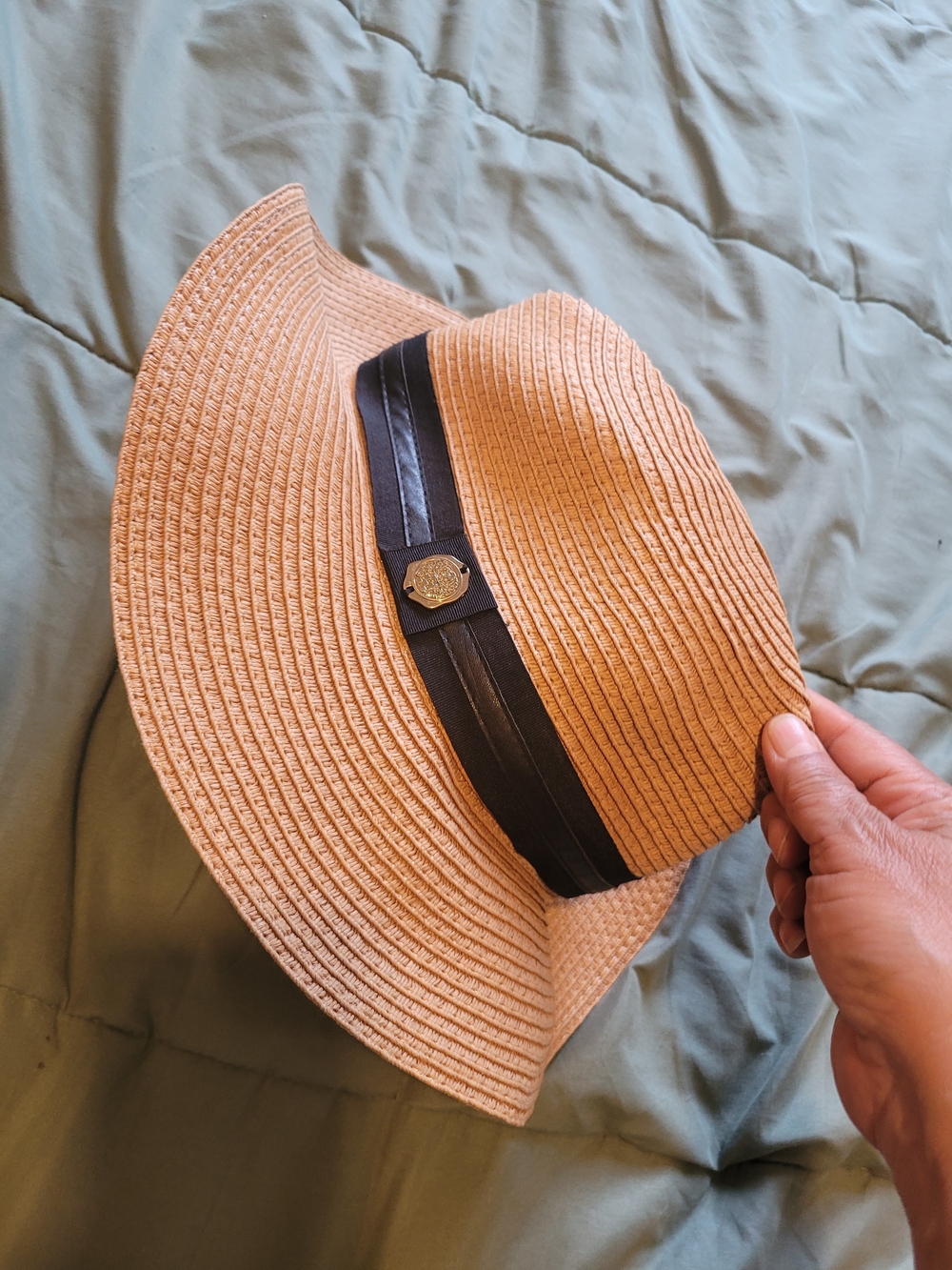 Vince Camuto Tan Straw Sun Hat with Black Band and Gold Accent